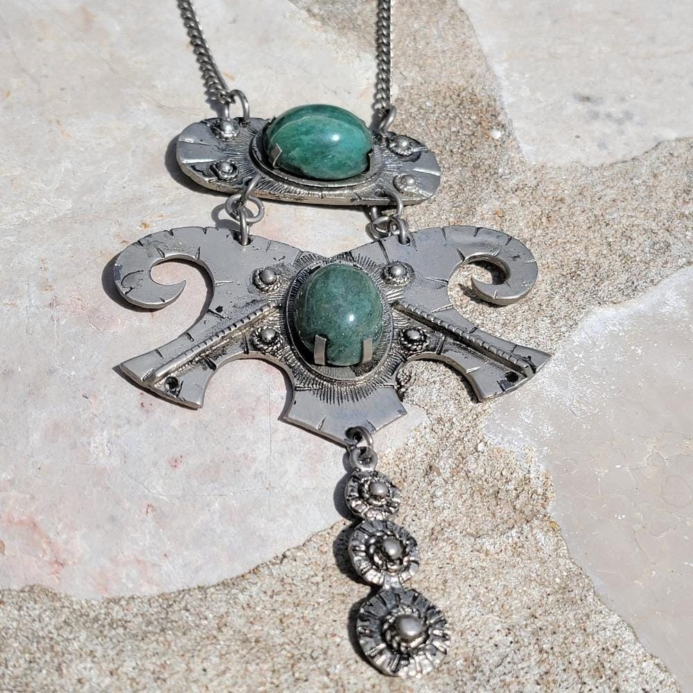 Vintage Made in Brazil Statement Necklace Green Cabochon Silver Tone Pendant 6"